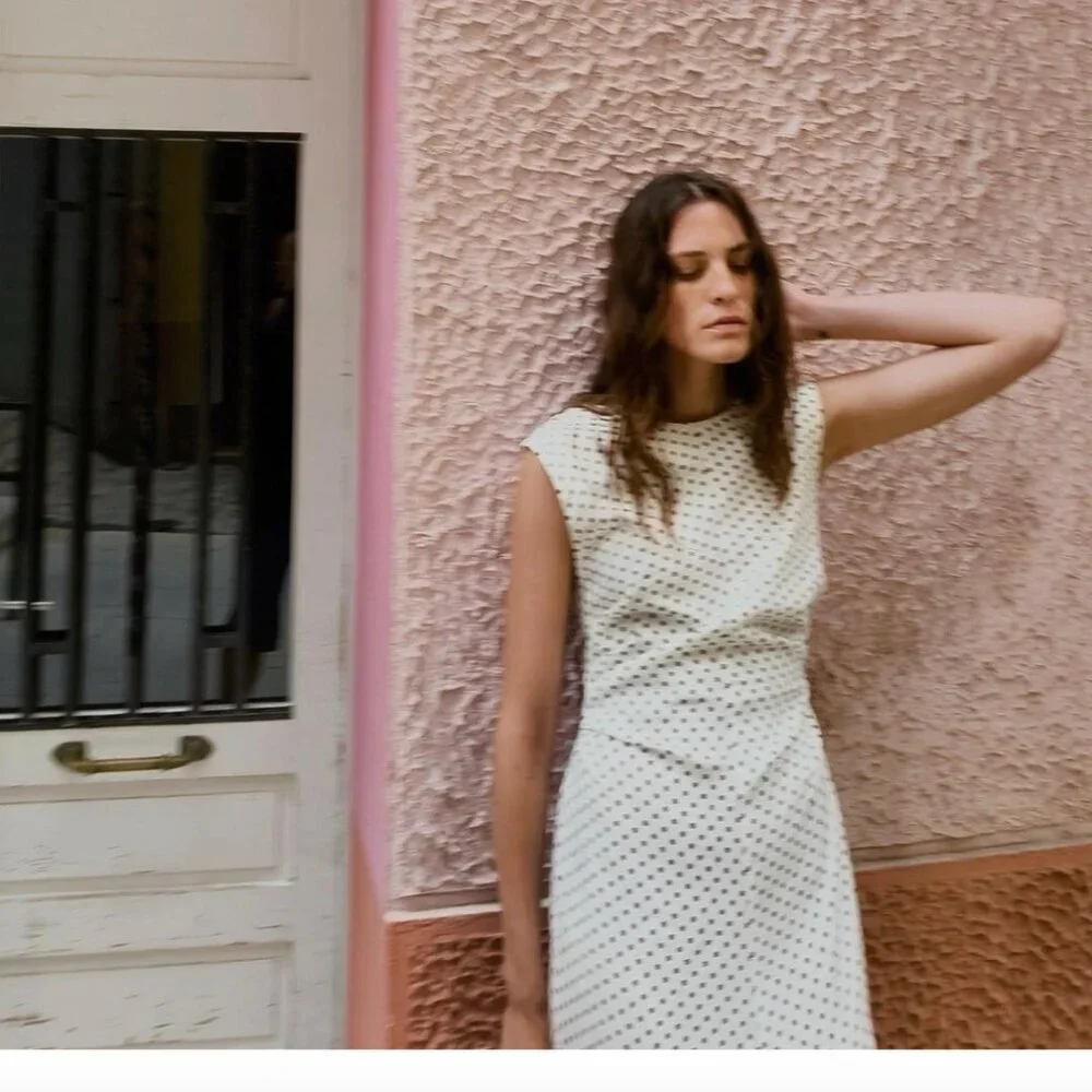 Zara Women Linen Blend Polka Dot Midi Dress Beige/Ecru Size M NEW WITH TAG! - Picture 5 of 7